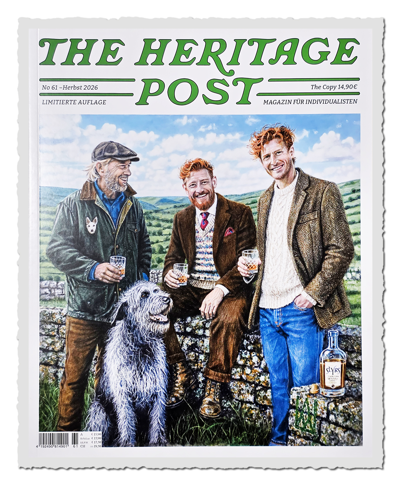 Cover der The Heritage Post Ausgabe 61 mit drei Männern, großem Hund und Whiskyflasche vor grüner Hügellandschaft.